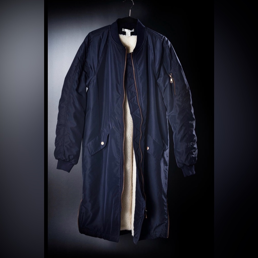 H&M Navy Long Bomber Jacket